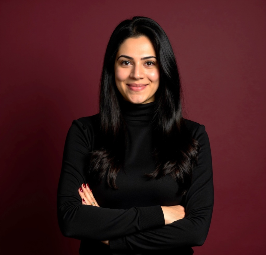 A woman with long black hair smiling, dressed in a black turtleneck, standing with arms crossed against a dark red background.
