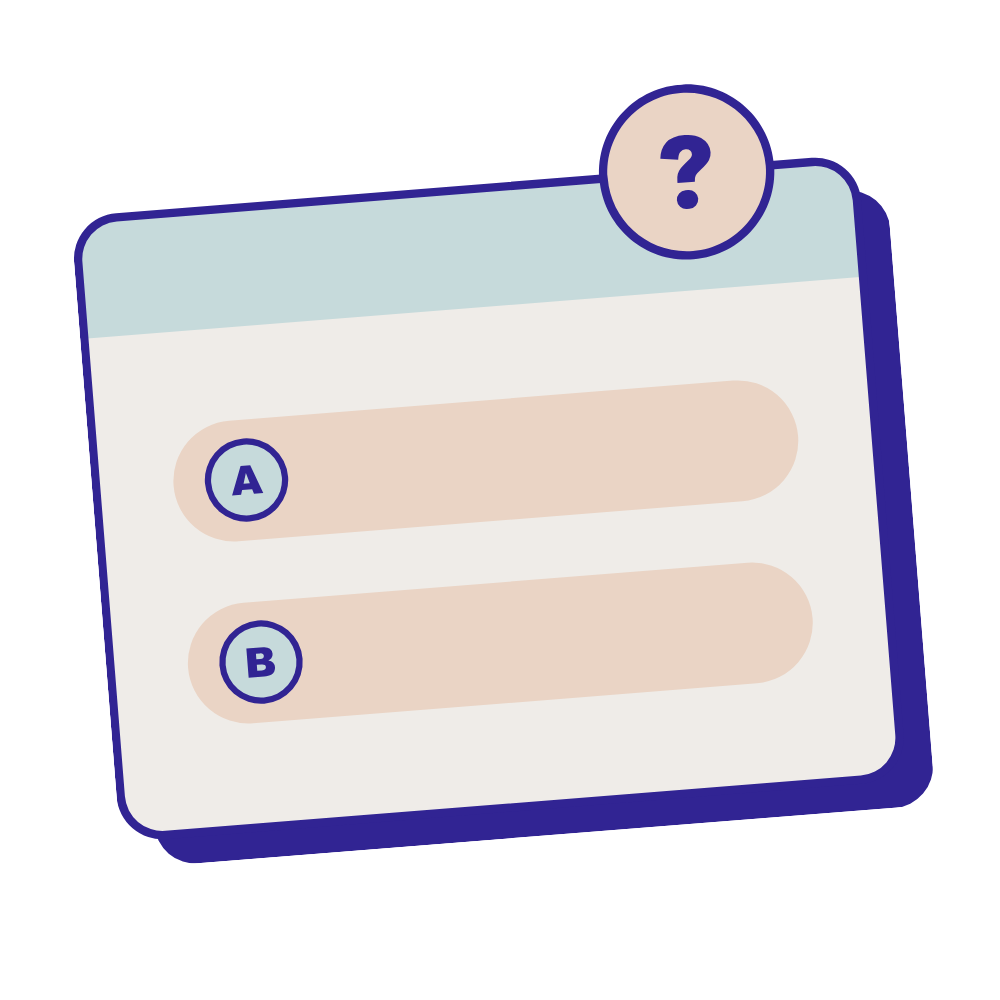 A digital multiple-choice quiz interface with two options labeled A and B, and a question mark in a circle at the top right corner.