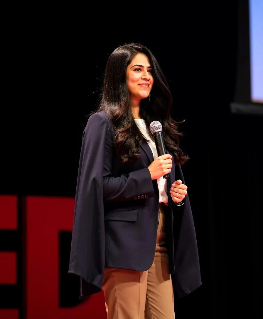 Rinki Varindani Desai, wearing a dark blazer, white shirt, and tan pants, stands on a stage holding a microphone, giving a presentation.