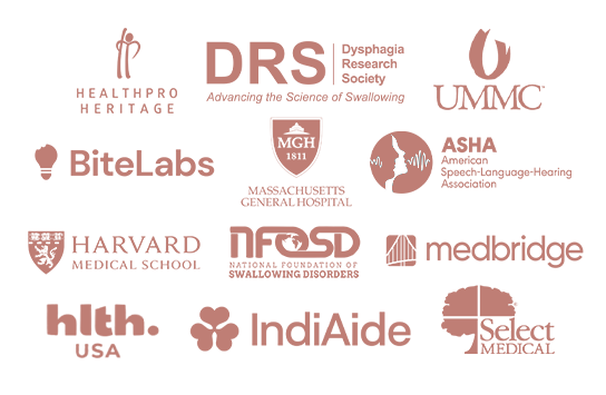A collection of logos from various medical and health organizations, including HEALPRO HERITAGE, DRS (Dysphagia Research Society), UMMC, ASHA, Harvard Medical School, National Foundation of Swallowing Disorders, Medbridge, Highmark USA, IndiAide, BiteLabs, Massachusetts General Hospital, and Select Medical.