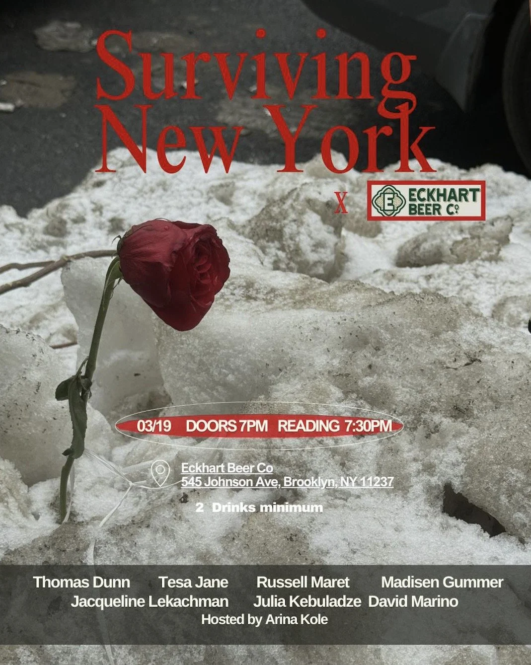 Flyer for Surviving New York, March 2026 reading series.