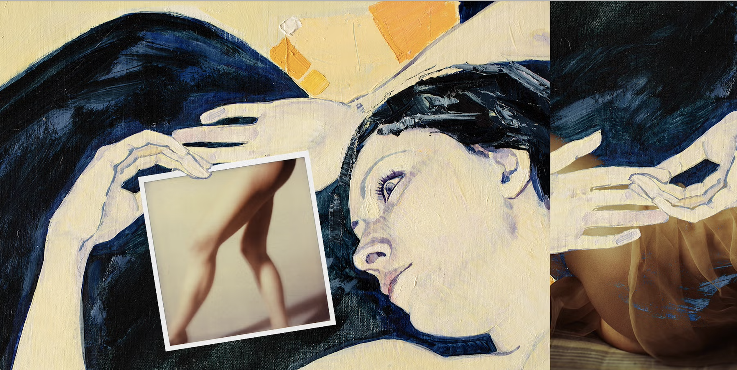 A collage of a woman lying down looking at a photo of herself.