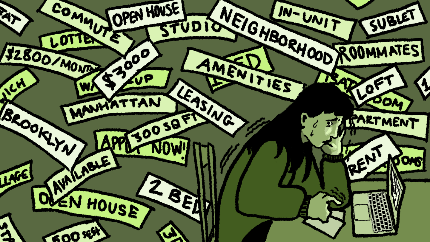 A student leans over her laptop with green squares looming behind her labelled with terms like "amenities" and "studio."