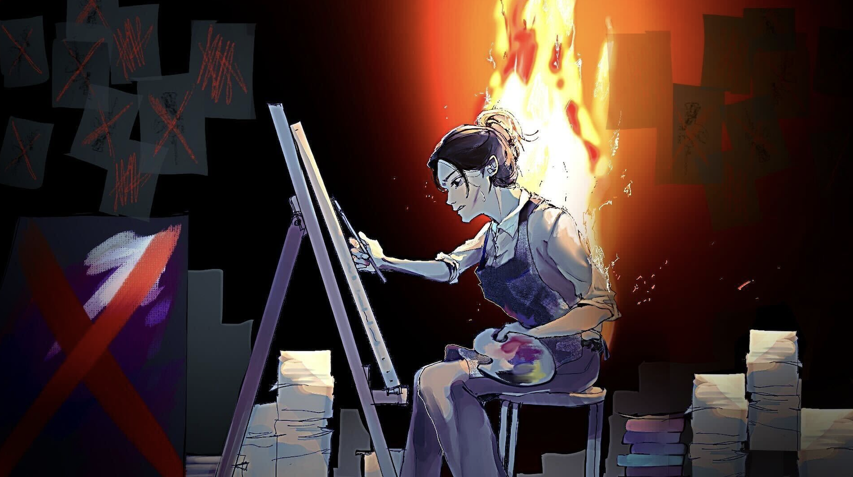 A student with a flame burning their back leans over an easel.