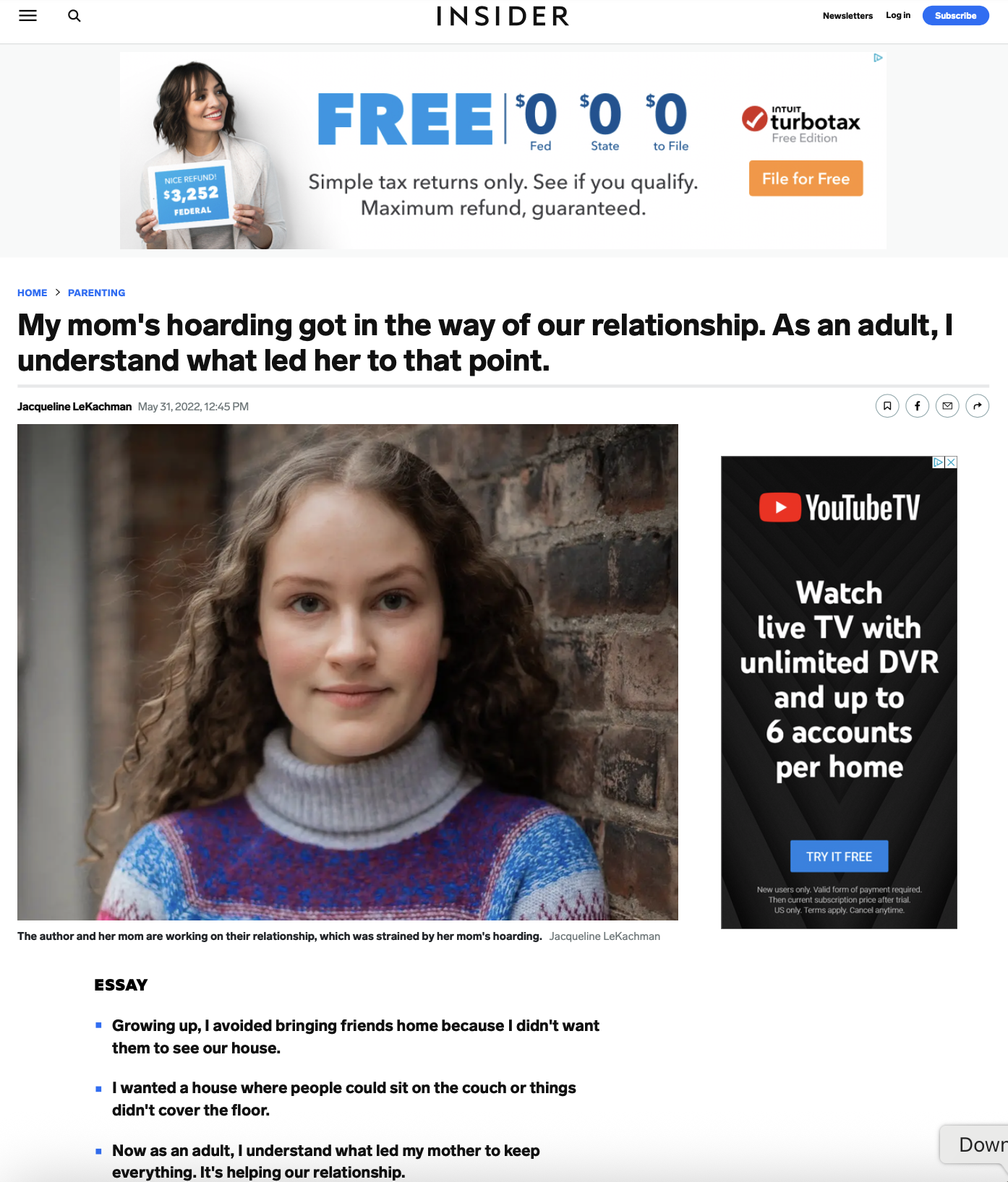 Screenshot of Jacqueline's Business Insider essay, published online. 