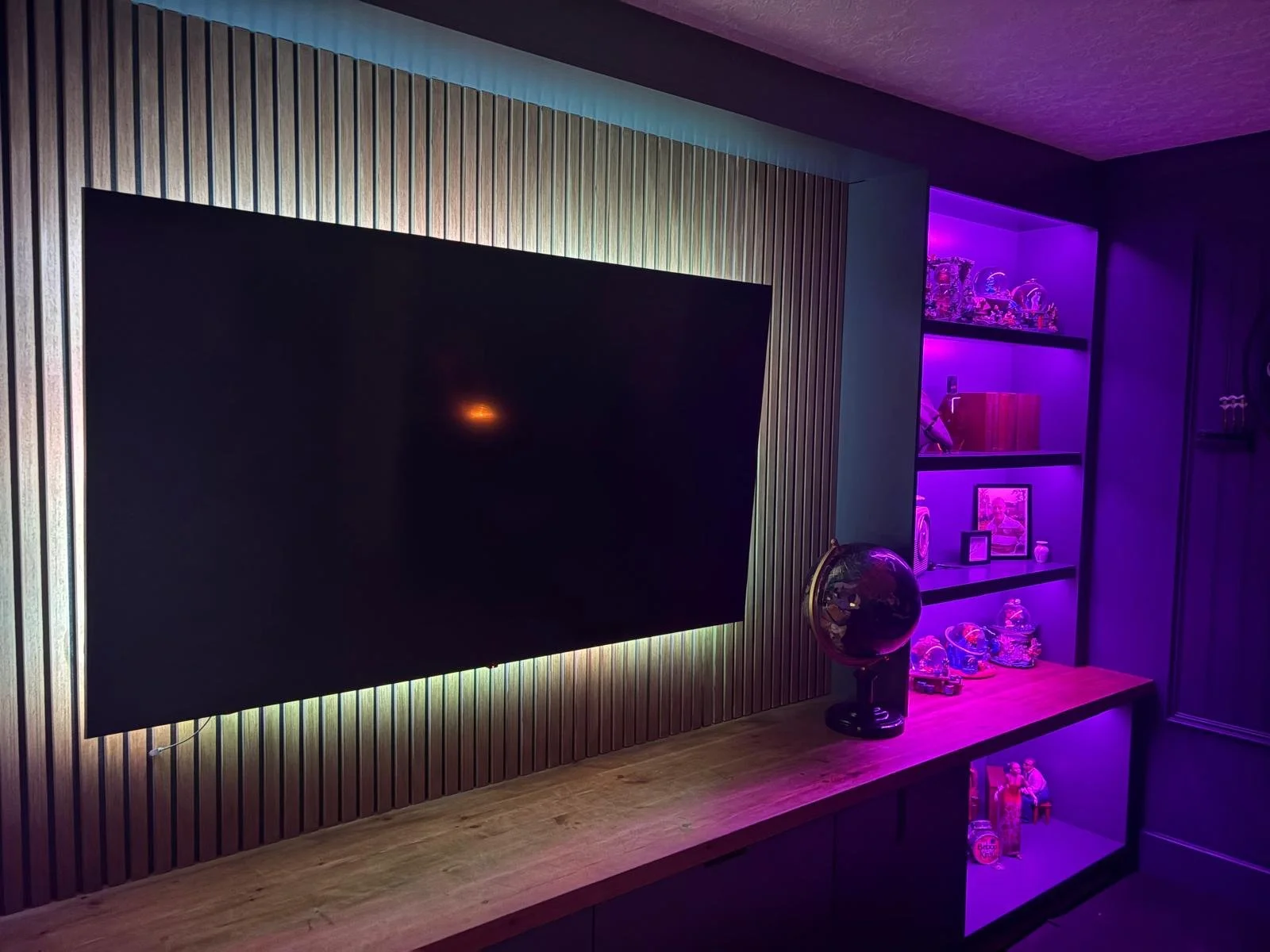 Media wall with cupboards, shelves, lighting-leevalleycarpentry