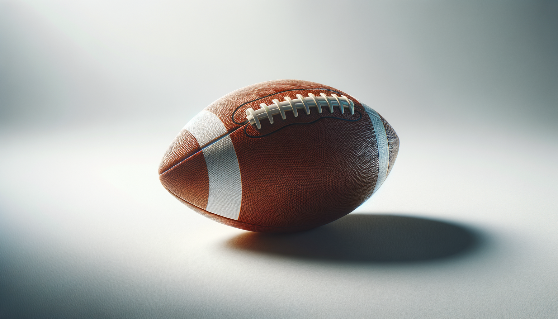 An American football resting on a neutral surface with a soft focus background.