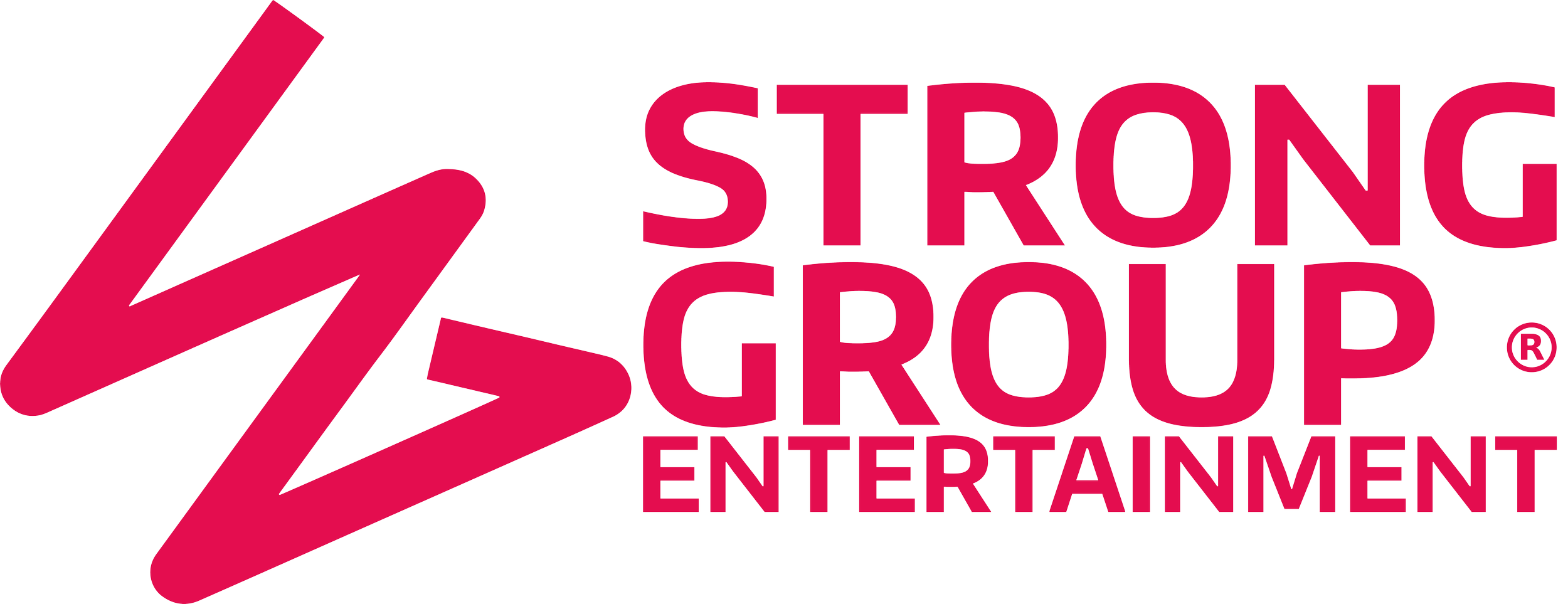 Logo of Strong Group Entertainment with a pink lightning bolt and bold pink text.