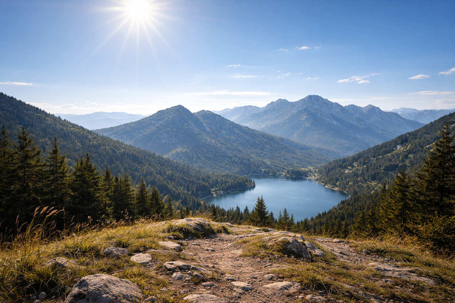 Scenic mountain landscape with a clear lake, surrounded by dense pine forests and rugged mountain peaks under a bright sun in a blue sky.