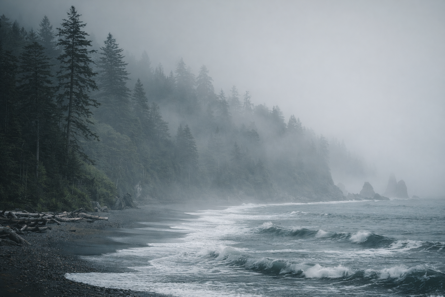 Misty coastal landscape with pine trees along a rocky shore and approaching waves.