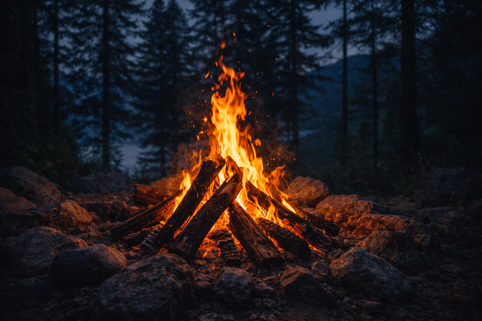 A campfire with flames and burning logs on a rocky ground in a forest at dusk.