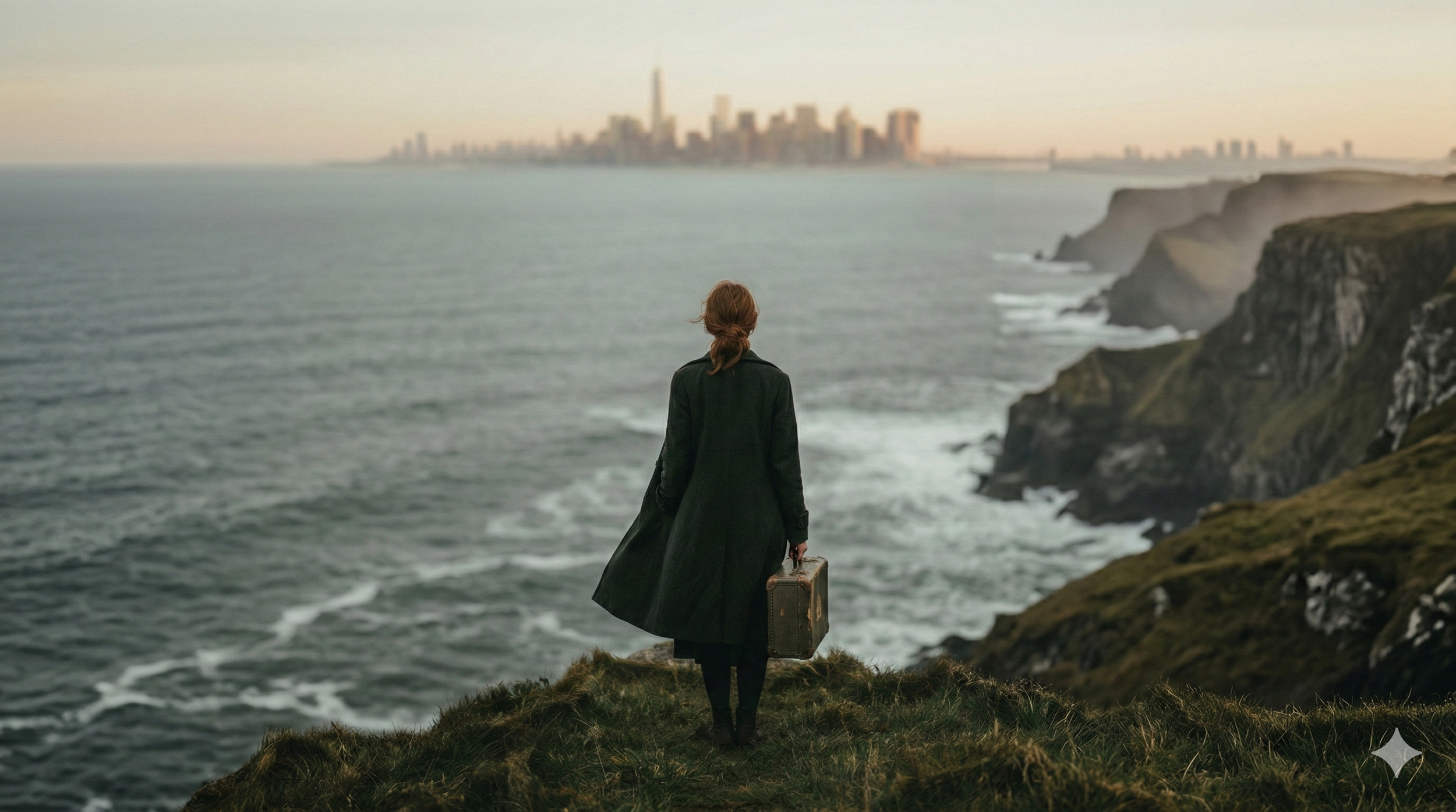 A woman with a suitcase on a cliff, looking toward a distant city