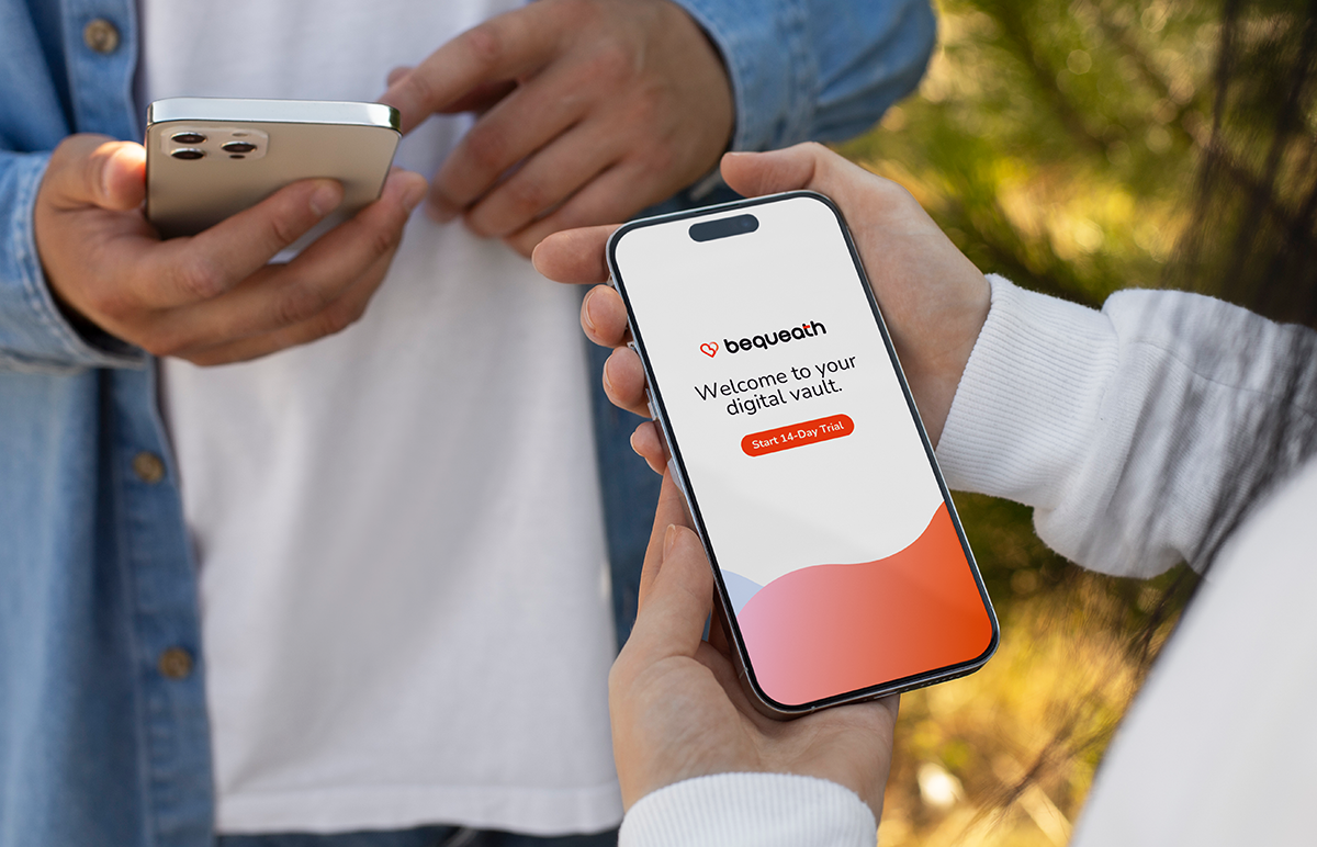 Two people are outdoors, one holding a smartphone and the other holding a tablet. The tablet displays the Bequeath app with a welcome message and a red button to start a 14-day trial.