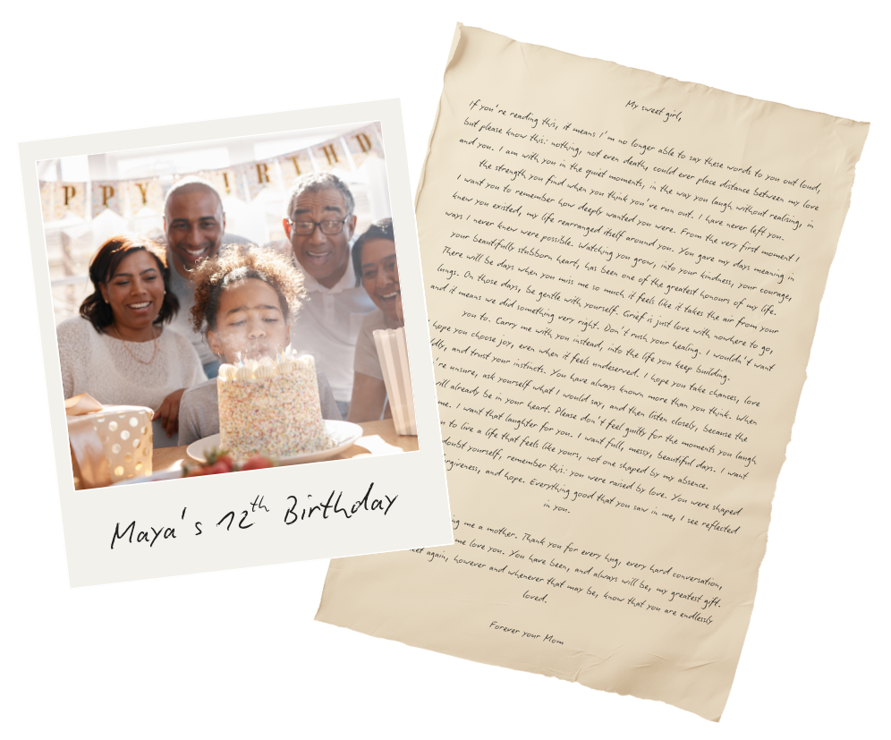 A woman and four adults celebrating a young girl's 12th birthday, with a birthday cake in front of them, in a decorated room with 'Happy Birthday' banner.