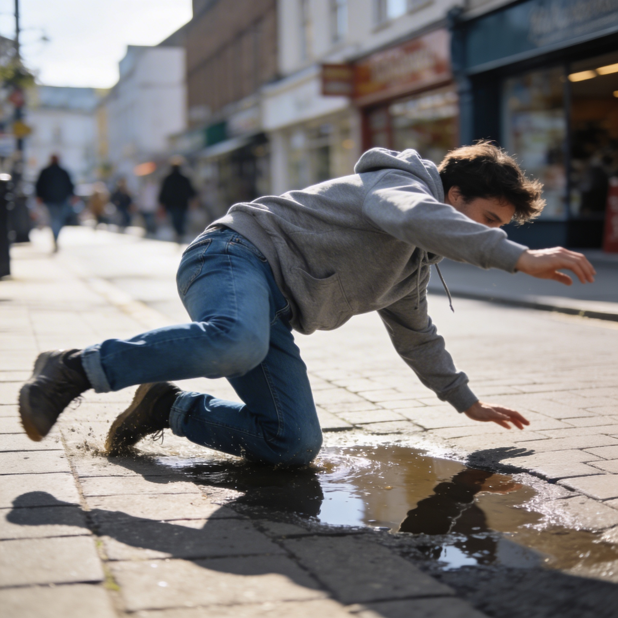 Young man in gray hoodie and jeans falling into a water puddle on a city sidewalk. Premises case lawsuit, slip and fall, acute traumatic injury, knee pain, lien, attorney, lawsuit, legal, lawyer, sue, victim, hurt, injured