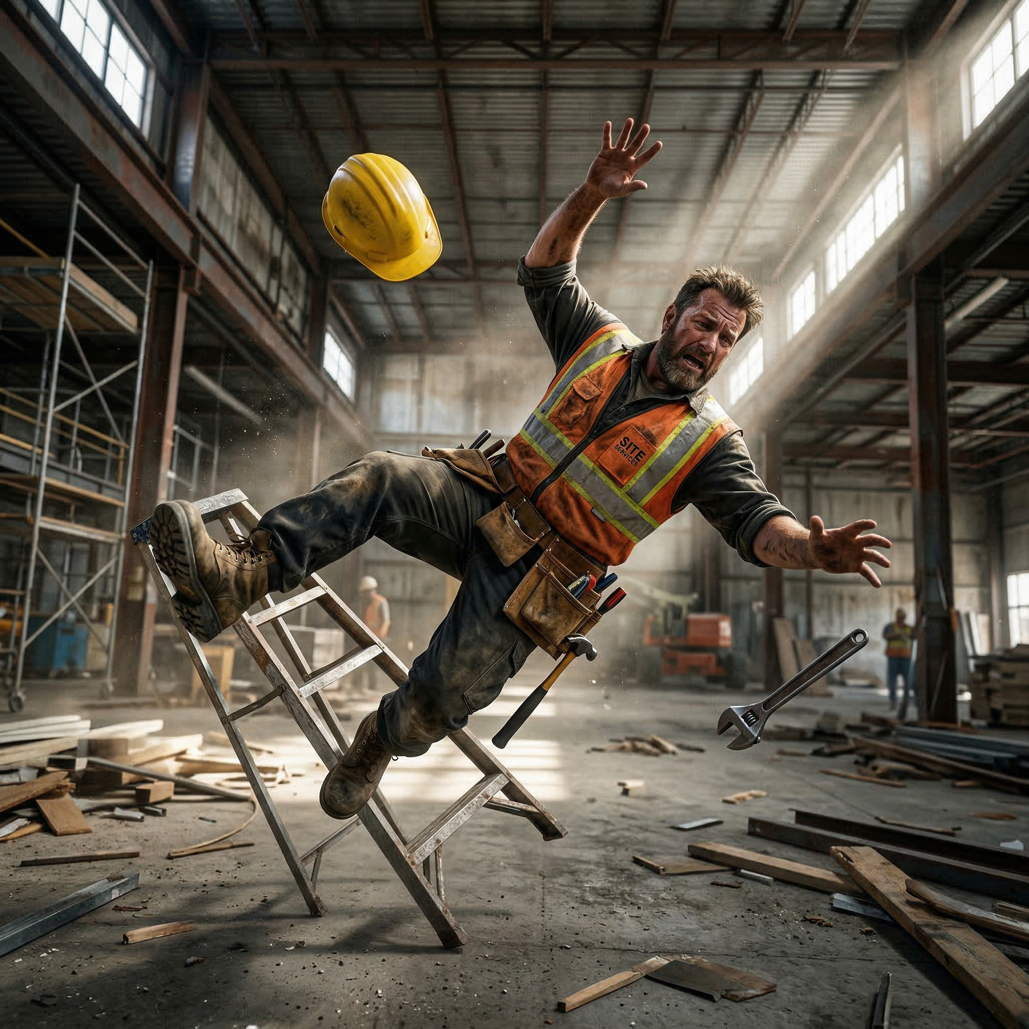 A construction worker falling backward off a ladder inside a warehouse under construction, with a yellow safety helmet flying off his head and various tools hanging from his belt.