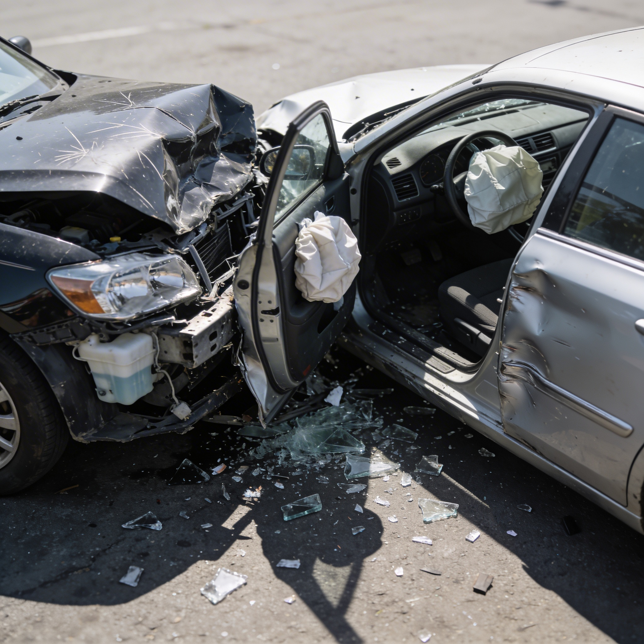 Two cars involved in a front-end collision; one car's front end is severely damaged and the airbags deployed, with broken glass scattered on the road.