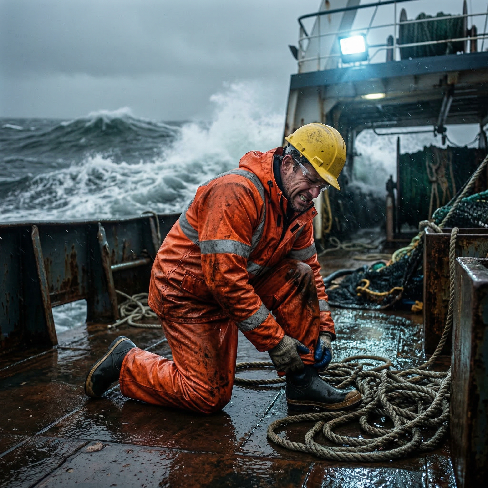 A rescue worker in orange waterproof gear and yellow hard hat kneels on a wet ship deck amid stormy seas and heavy waves, working with ropes. Maritime Jones Act workers job seaman work injury injured hurt pain surgeon doctor medical cost lien