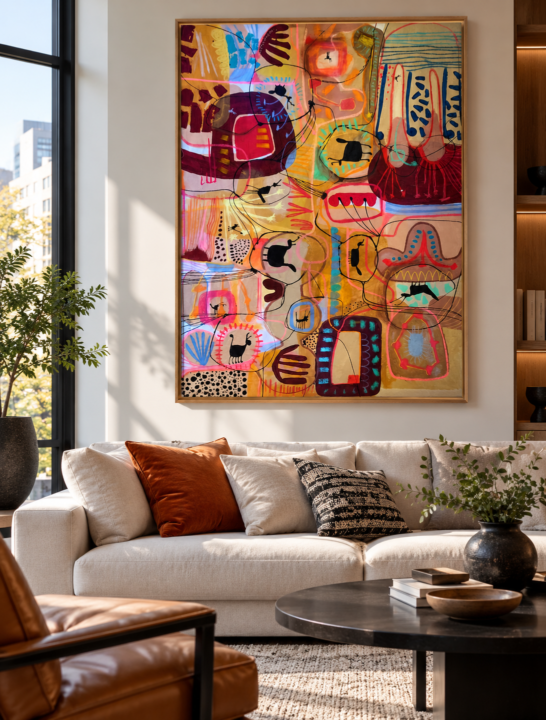Salon contemporain avec art abstrait vibrant.png