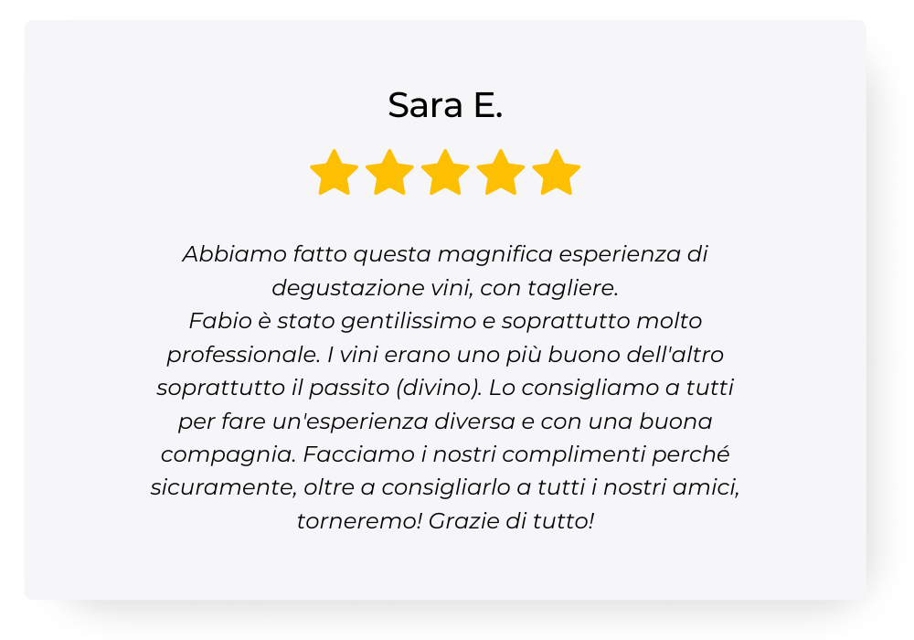 Abbiamo fatto questa magnifica esperienza di degustazione vini, con tagliere. Fabio è stato gentilissimo e soprattutto molto professionale. I vini erano uno più buono dell'altro soprattutto il pas.png