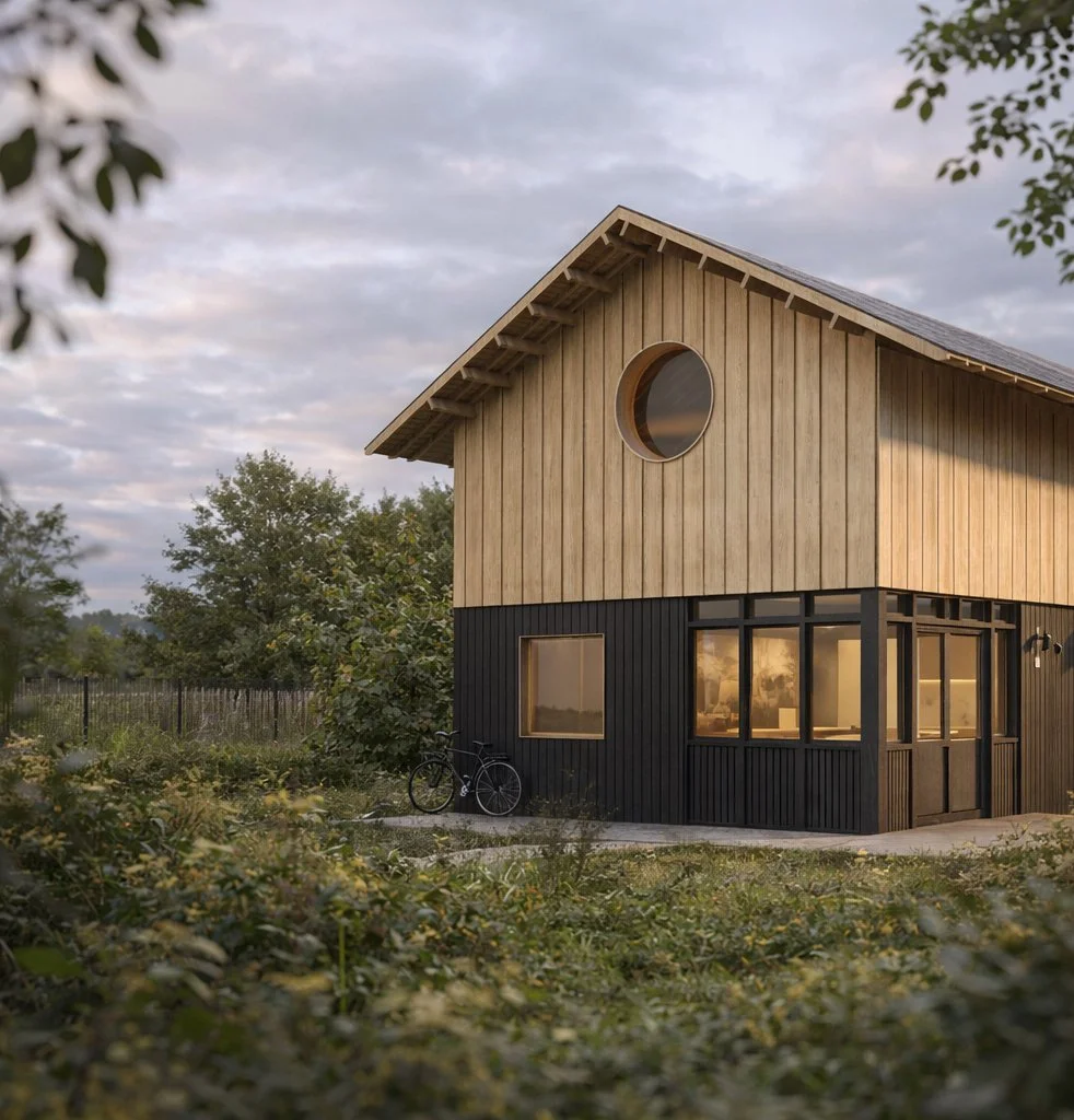 Locuință de vacanță cu fațadă din lemn și volum simplu