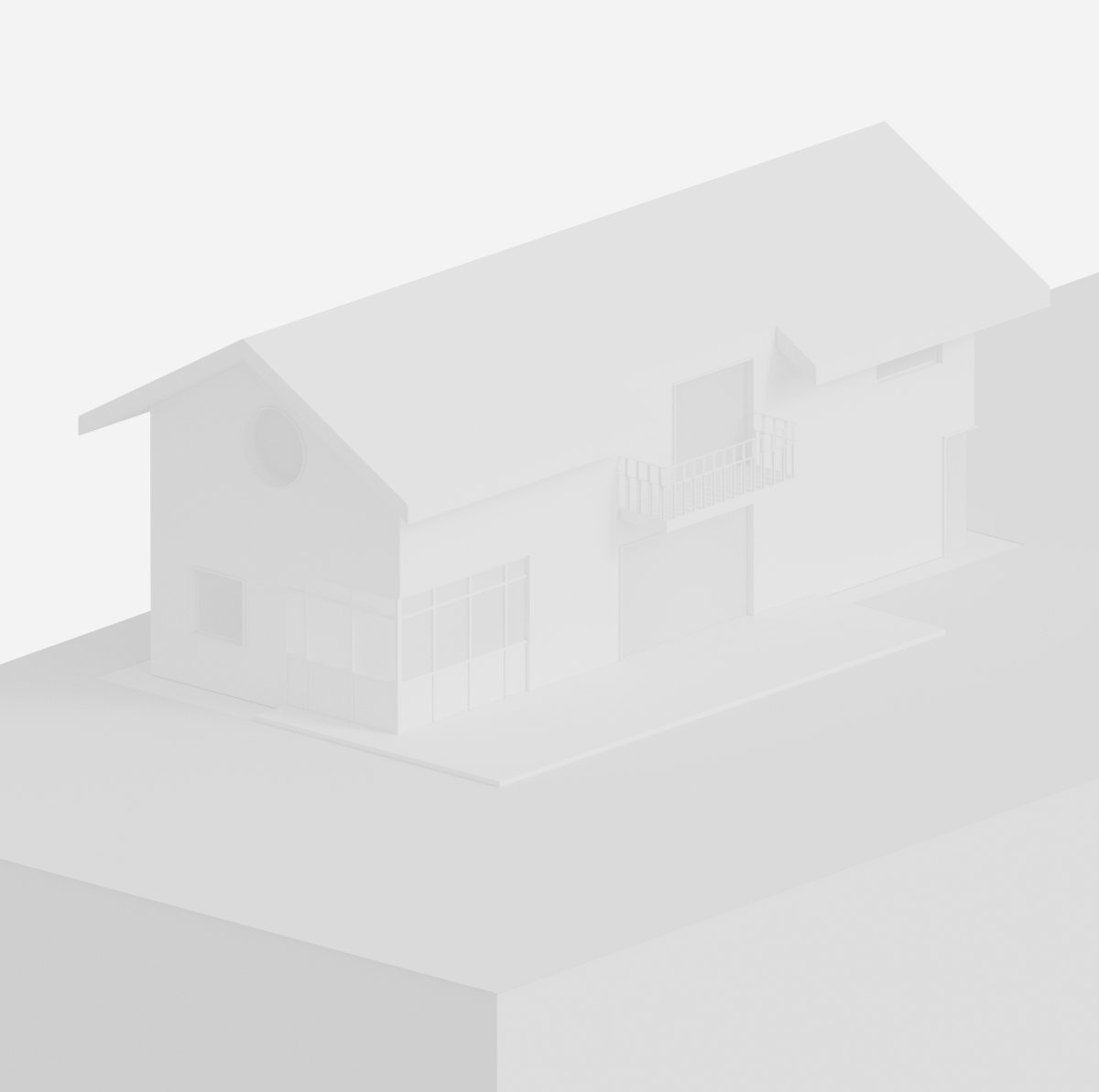 Faint 3D model of a house with a porch and balcony on a platform.