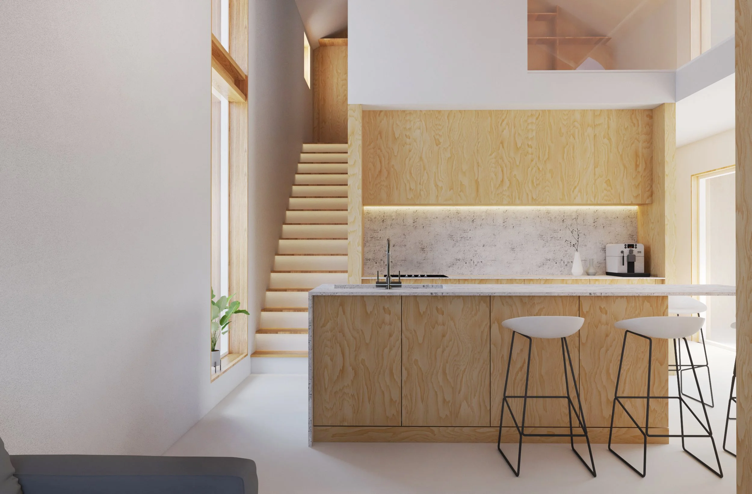 Spațiu de zi luminos cu lemn natural într-o locuință de vacanță