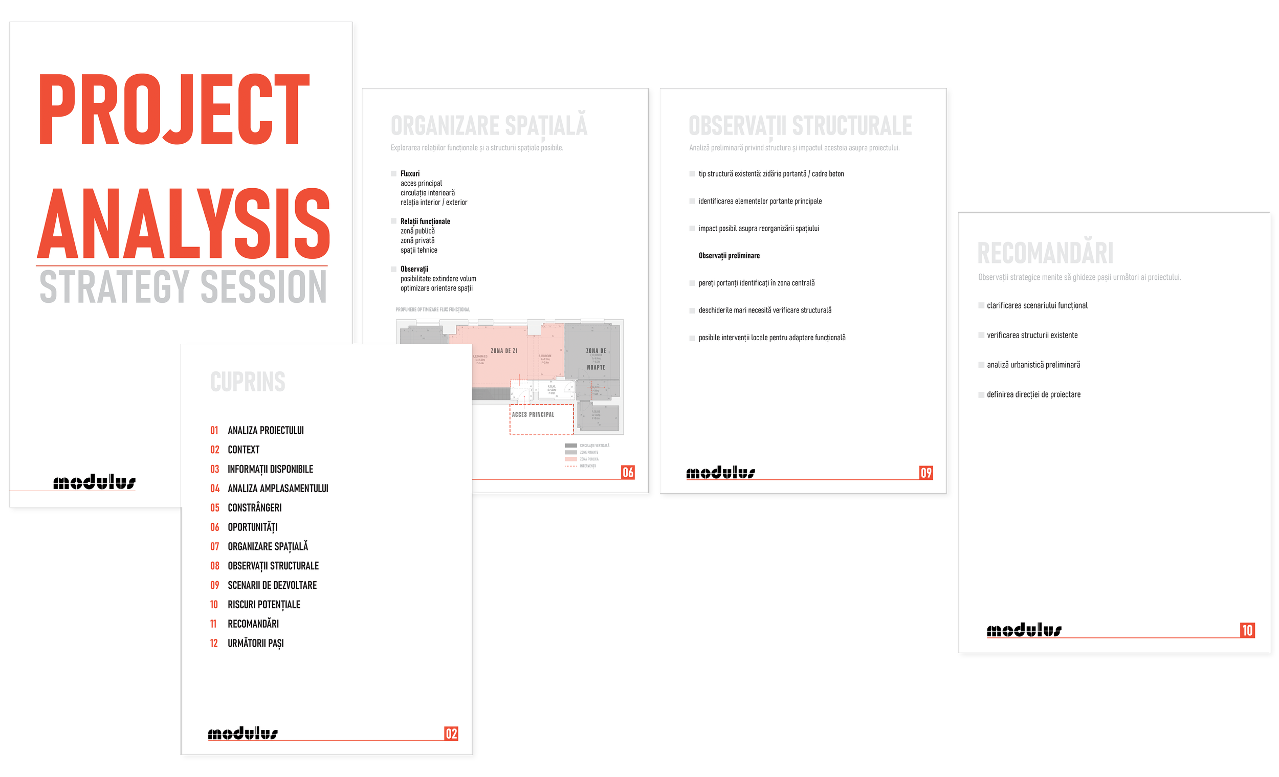 Cover page of a strategy session document titled 'Project Analysis' with sections in Romanian, including spatial organization, structural observations, recommendations, and table of contents. The layout features bold red and gray text on a white background.