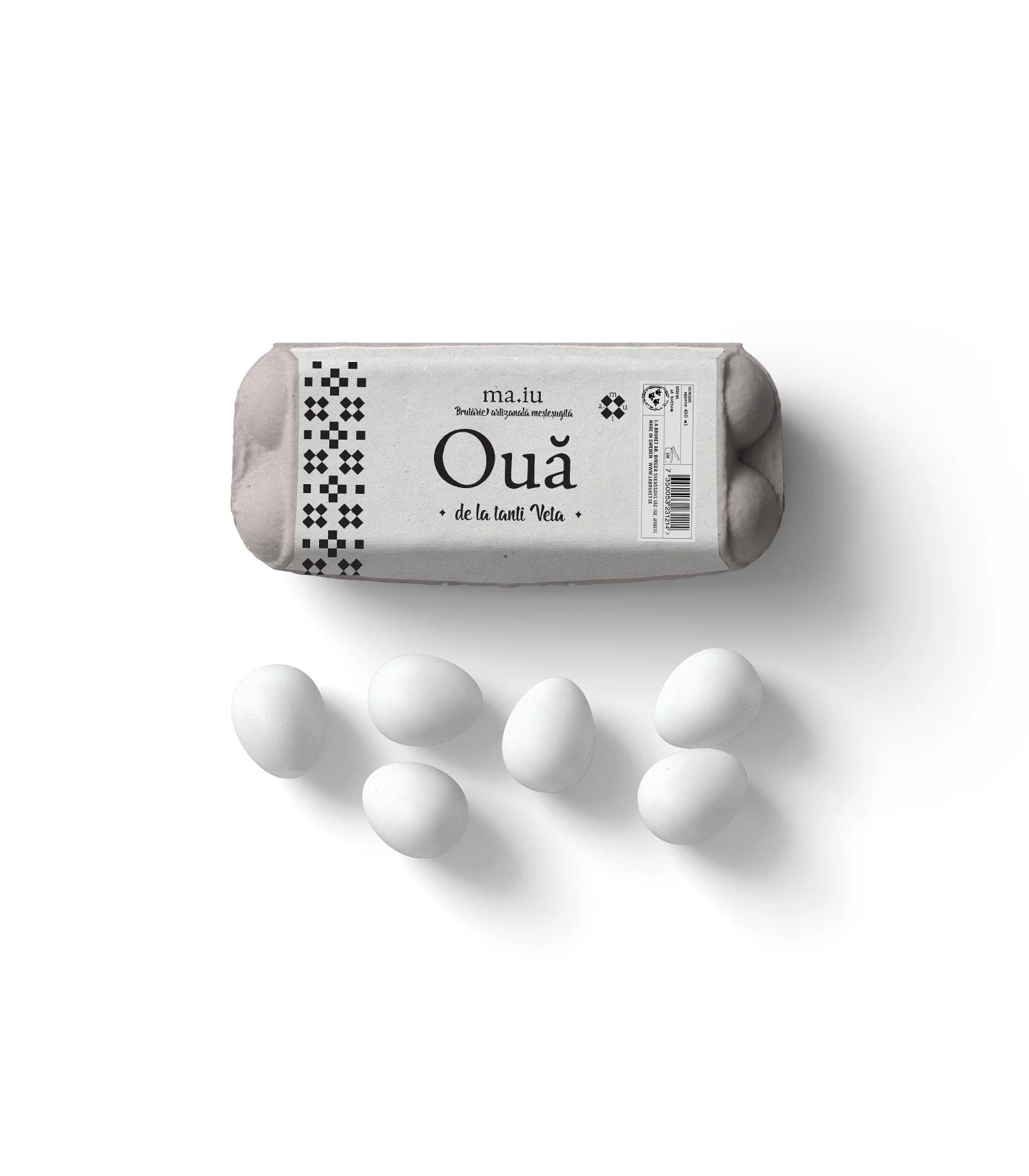 Cutie de ouă cu branding ma.iu, design simplu și identitate vizuală coerentă