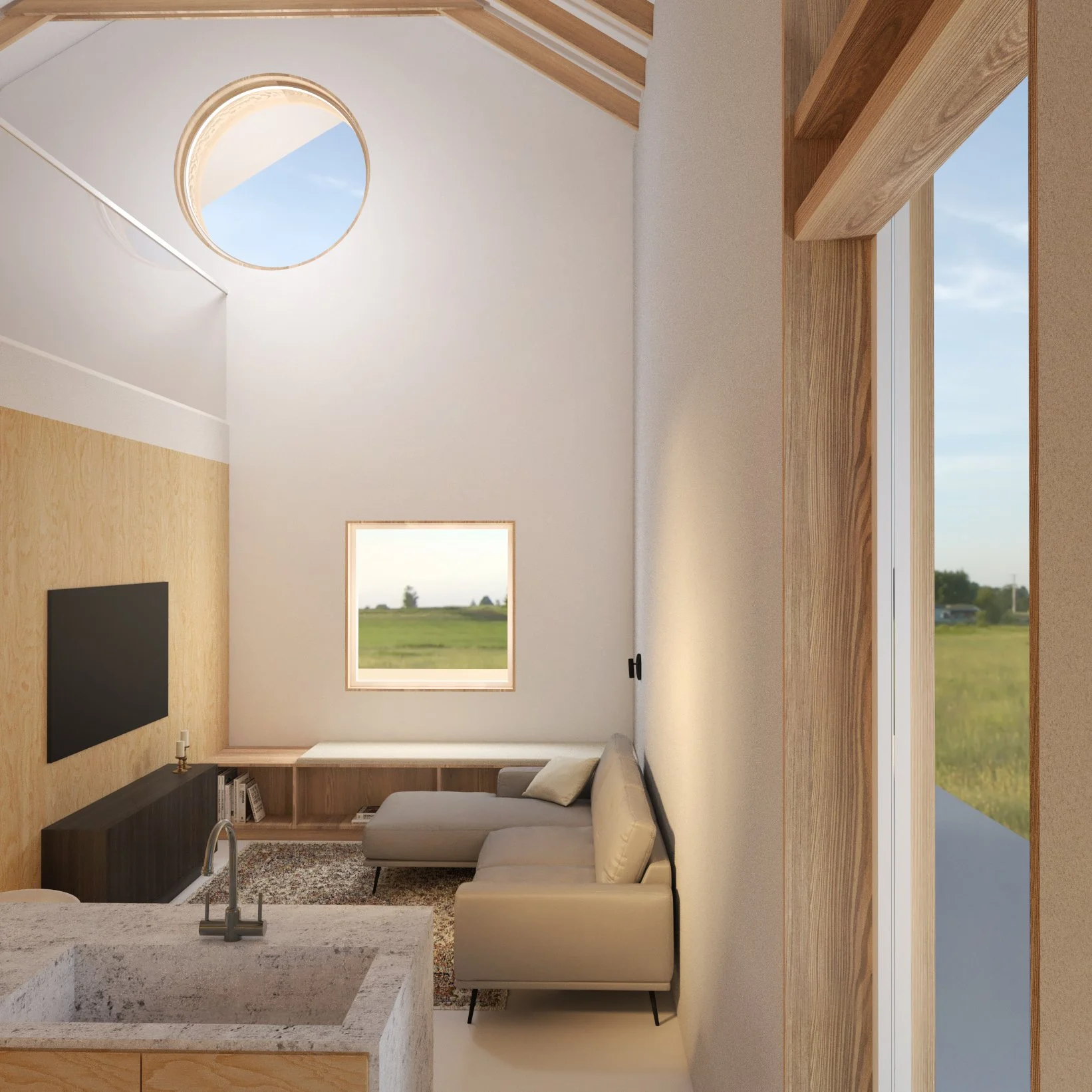 Interior casă din lemn cu volum înalt și deschidere către natură