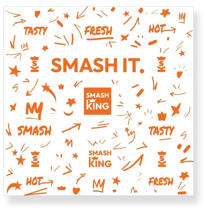 Pattern grafic SmashKing cu elemente ilustrate și identitate vizuală dinamică pentru fast food