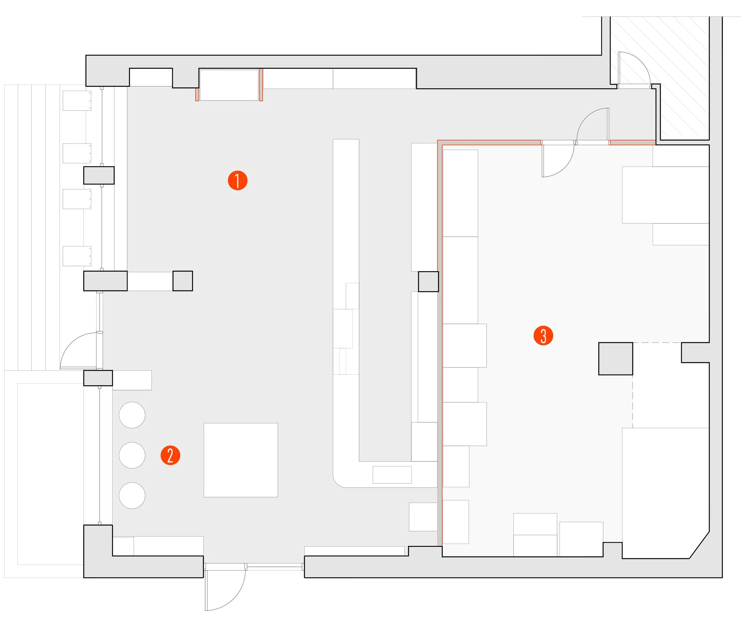 Diagramă funcțională magazin alimentar cu zonă de producție integrată.