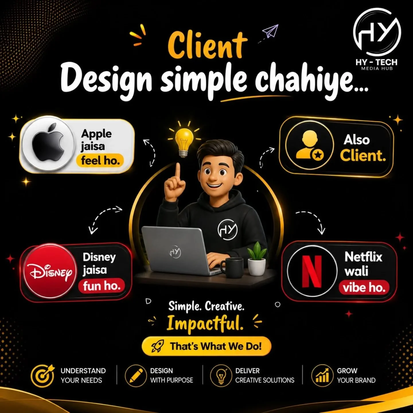 Client ko sirf design nahi, experience chahiye.
Apple jaisa feel, Disney jaisi fun, Netflix jaisi vibe 🔥
Aur wahi hum deliver karte hain &mdash; Simple. Creative. Impactful. 🚀
That&rsquo;s what we do at HY-TECH MEDIA HUB! 💯
#DesignThatWorks #Creat