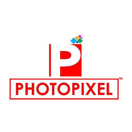 Photopixel logo with a large red 'P' above the word 'PHOTOPIXEL' in red, inside a rectangular red border, and a colorful pixelated square with blue, green, pink, and yellow blocks at the top.
