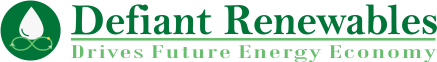 Logo for Defiant Renewables with green text and a water droplet symbol
