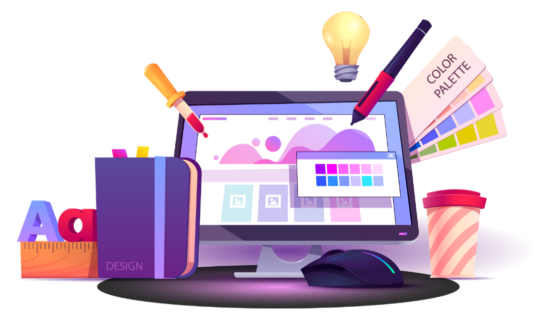 Digital illustration of a graphic design workspace with a computer monitor displaying a design interface, color palette, rulers, notebooks, markers, a light bulb, and a coffee cup.