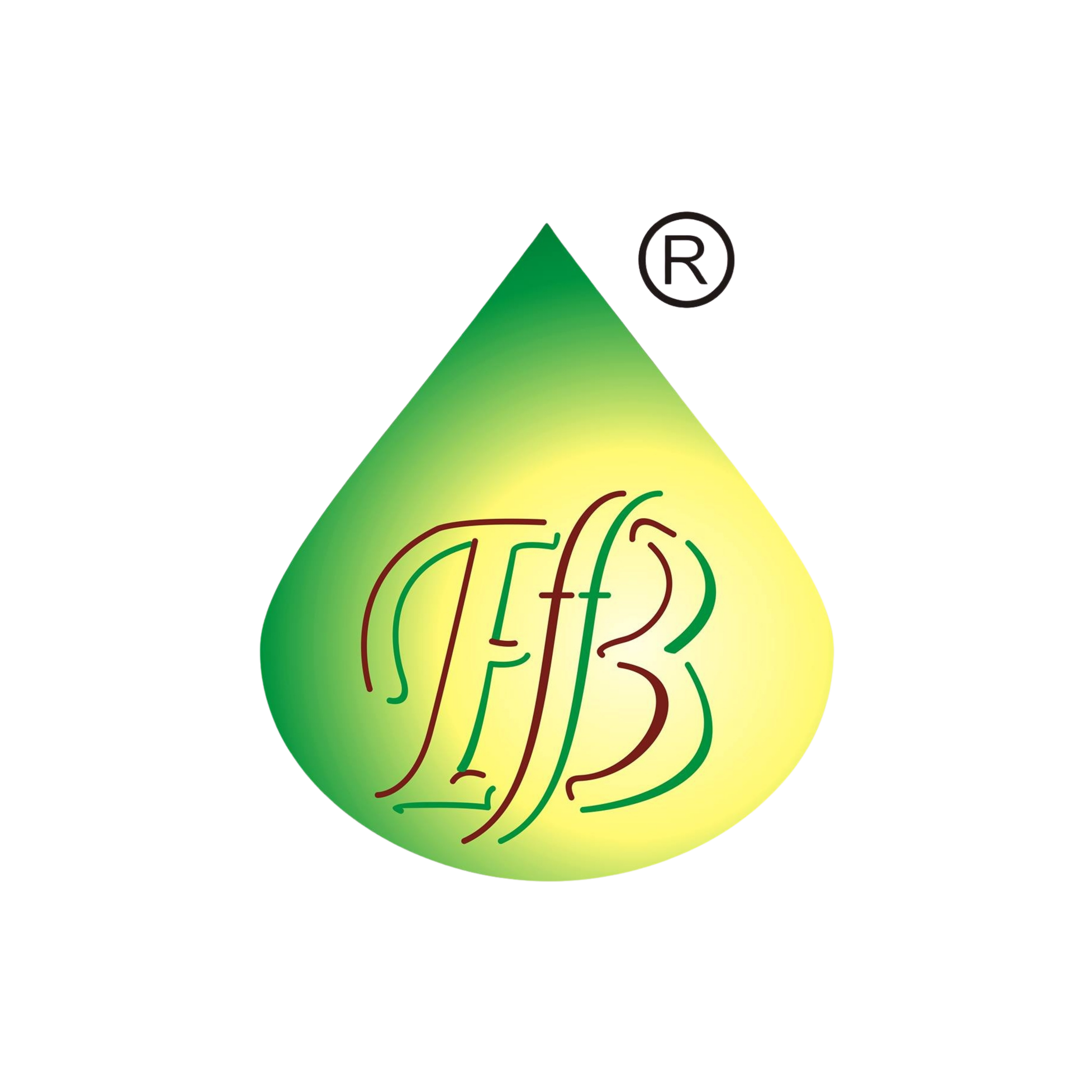 A paint droplet-shaped logo with a gradient from yellow to green, displaying stylized text inside it, and a small registered trademark symbol above to the right.