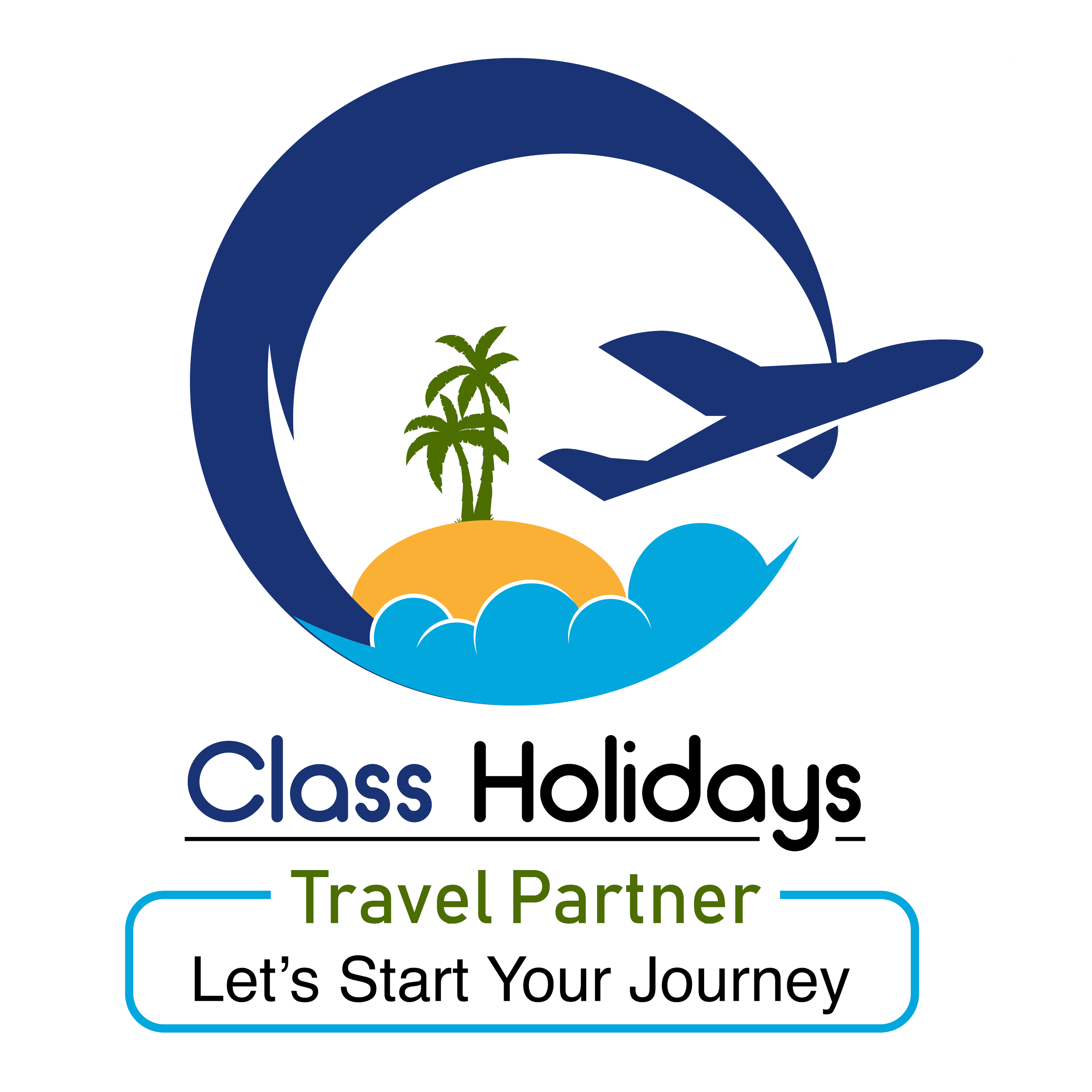 Logo for Class Holidays Travel Partner with an airplane, palm trees, island, and ocean waves, and the text 'Class Holidays Travel Partner Let's Start Your Journey'.