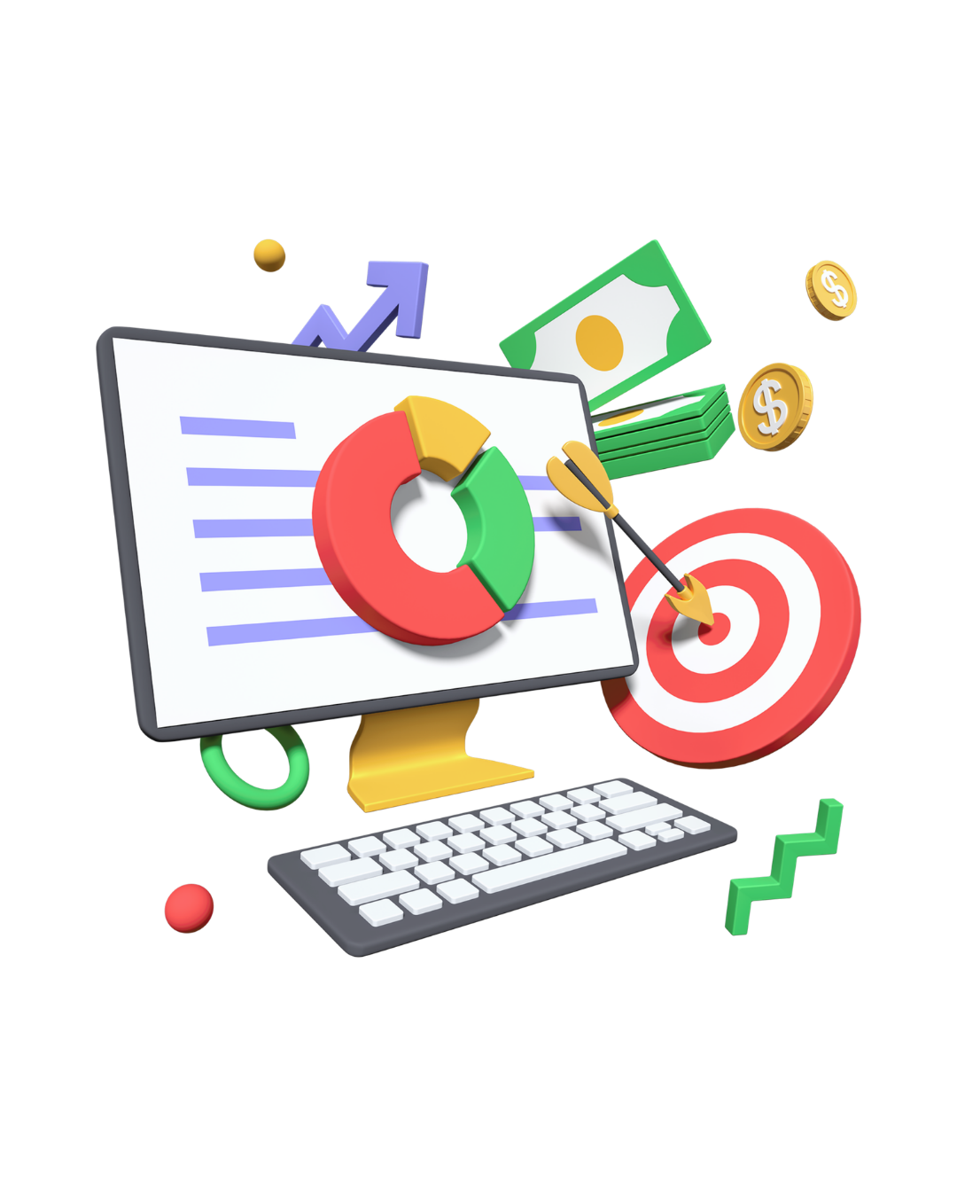 Digital illustration of financial and marketing analytics, featuring a computer monitor with a pie chart, dollar bills and coins, an arrow pointing upward, a target with an arrow, and various graphs.