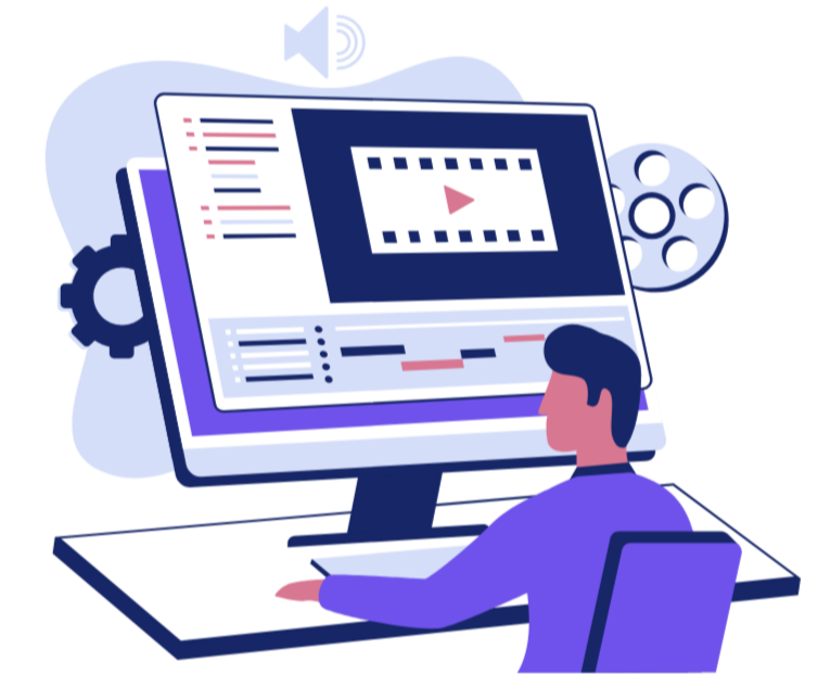 An illustrated person working at a desk with a large computer monitor editing a video, with a gaming controller and a gear icon in the background.