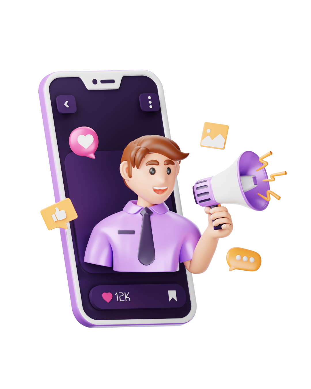 3D illustration of a male character in a purple shirt holding a megaphone, standing in front of a large smartphone displaying social media symbols like heart, thumbs up, and speech bubble, with icons of a photo and a bookmark, and the number of likes and reactions.