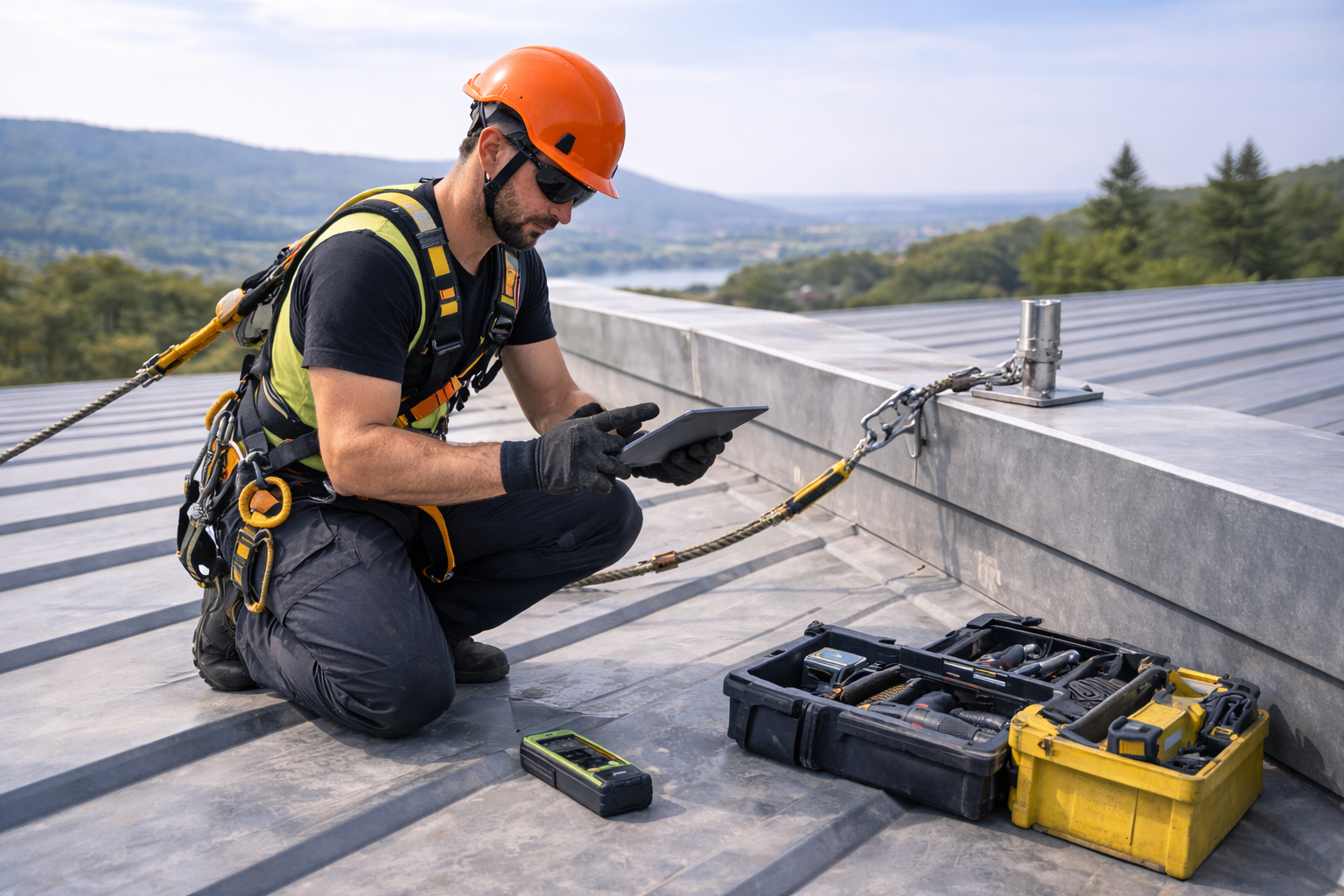 Tecnico che lavora su un tetto con attrezzi e strumenti, indossando casco arancione e attrezzatura di sicurezza