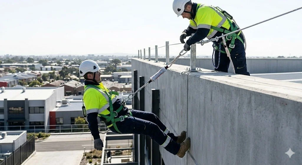 Due operai con caschi di sicurezza e giubbotti gialli lavorano su un edificio alto, uno di loro si sta calando legato a una corda, mentre l'altro supervisiona. Linea Vita Tetti | Sicurezza e Installazione - Caso Ludovico Carnago