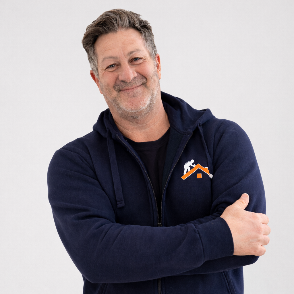 Uomo che sorride, indossa una felpa blu con un logo di una persona che scala su un tetto rosso con una casetta, possiede capelli grigi e barba leggera, posa con le braccia incrociate. Linea Vita Tetti | Sicurezza e Installazione  Varese