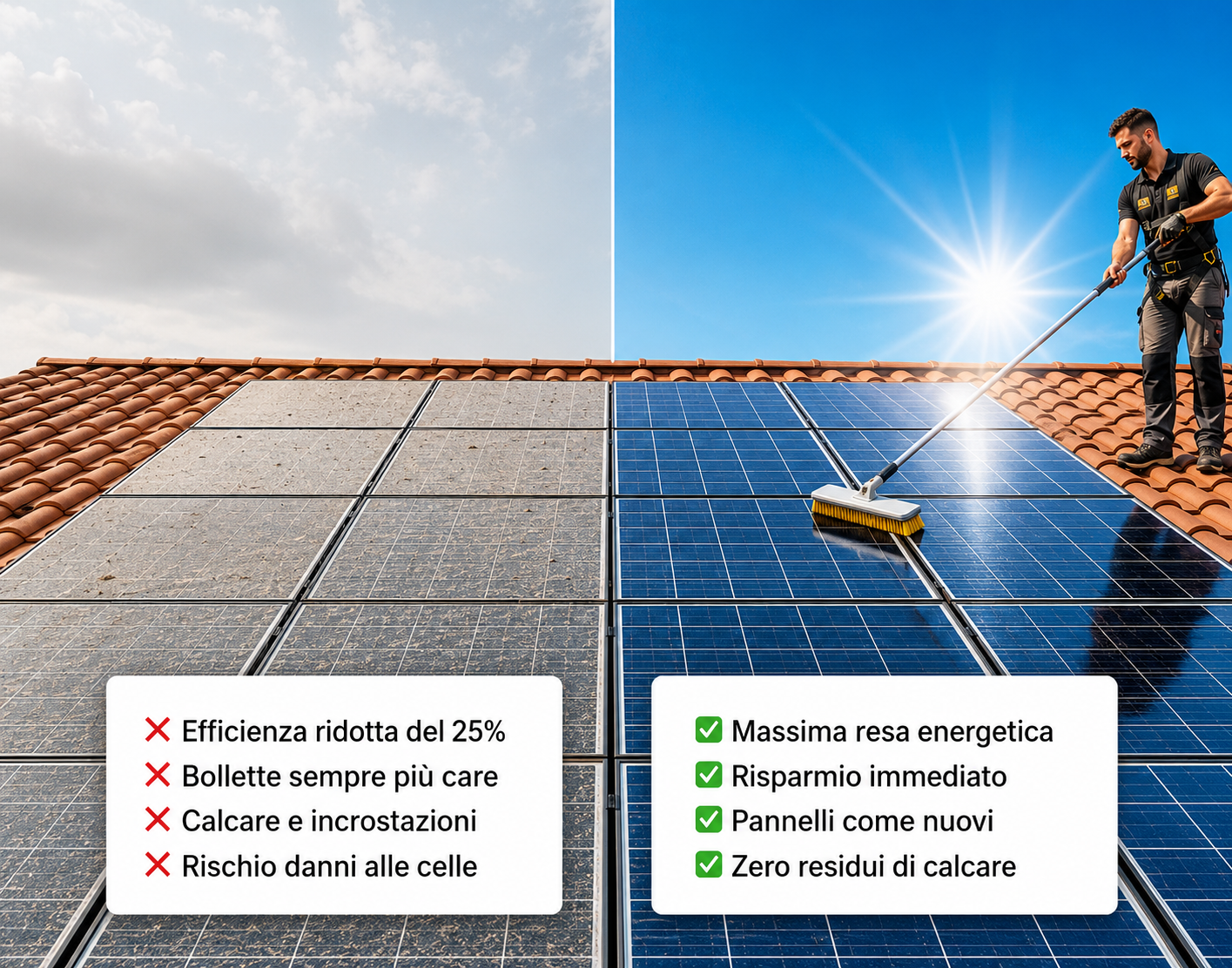 Immagine di un tetto con pannelli solari, raffigurante i vantaggi di pannelli nuovi rispetto a quelli vecchi. A sinistra, pannelli vecchi con testo che evidenzia bassa efficienza, bollette più alte, calcare e danni alle celle. A destra, pannelli nuovi con testo che evidenzia alta resa energetica, risparmio immediato, zero residui di calcare.