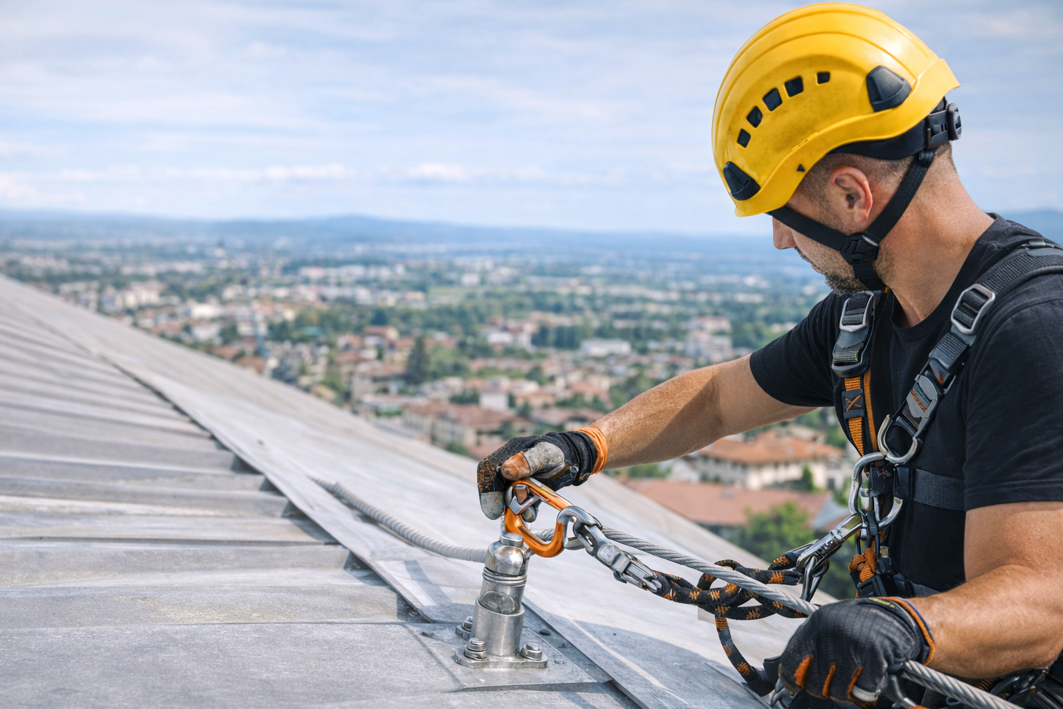 Operaio Linea Vita Tetti | Sicurezza e Installazione - Caso Ludovico con casco giallo che lavora sul tetto di una grande città.