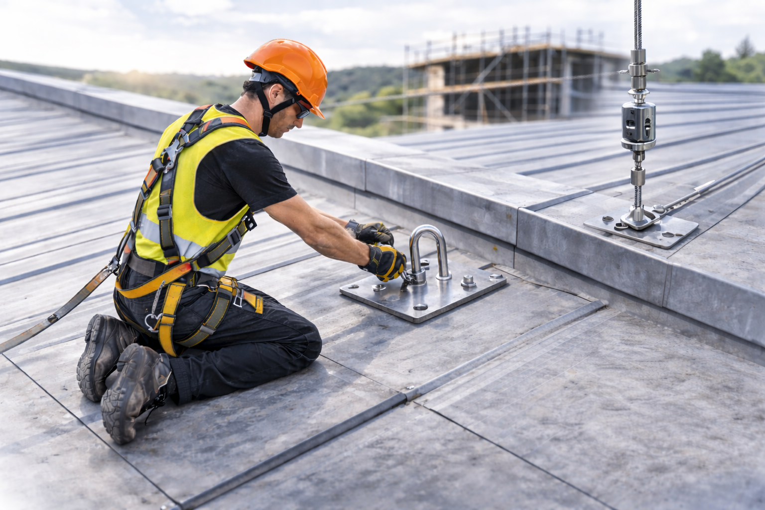 Lavoratore in uniforme di sicurezza con caschetto arancione, che installa o ispeziona una fibbia di ancoraggio sul tetto di un edificio.