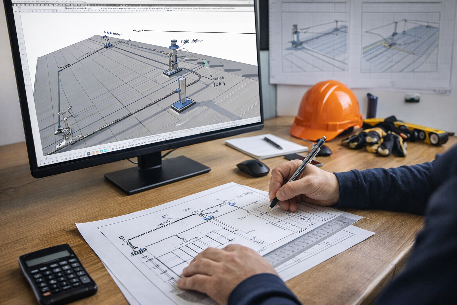 Progettista di impianto idraulico che lavora su disegni tecnici e modellino 3D di un sistema di tubature con strumenti da cantiere, casco arancione e calcolatrice.