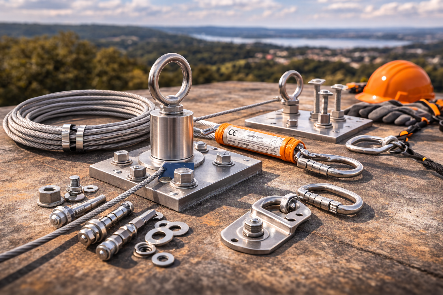 Attrezzature da lavoro e sicurezza su una superficie di pietra, tra cui corda, moschettoni, casco e guanti, con un paesaggio rurale sullo sfondo.