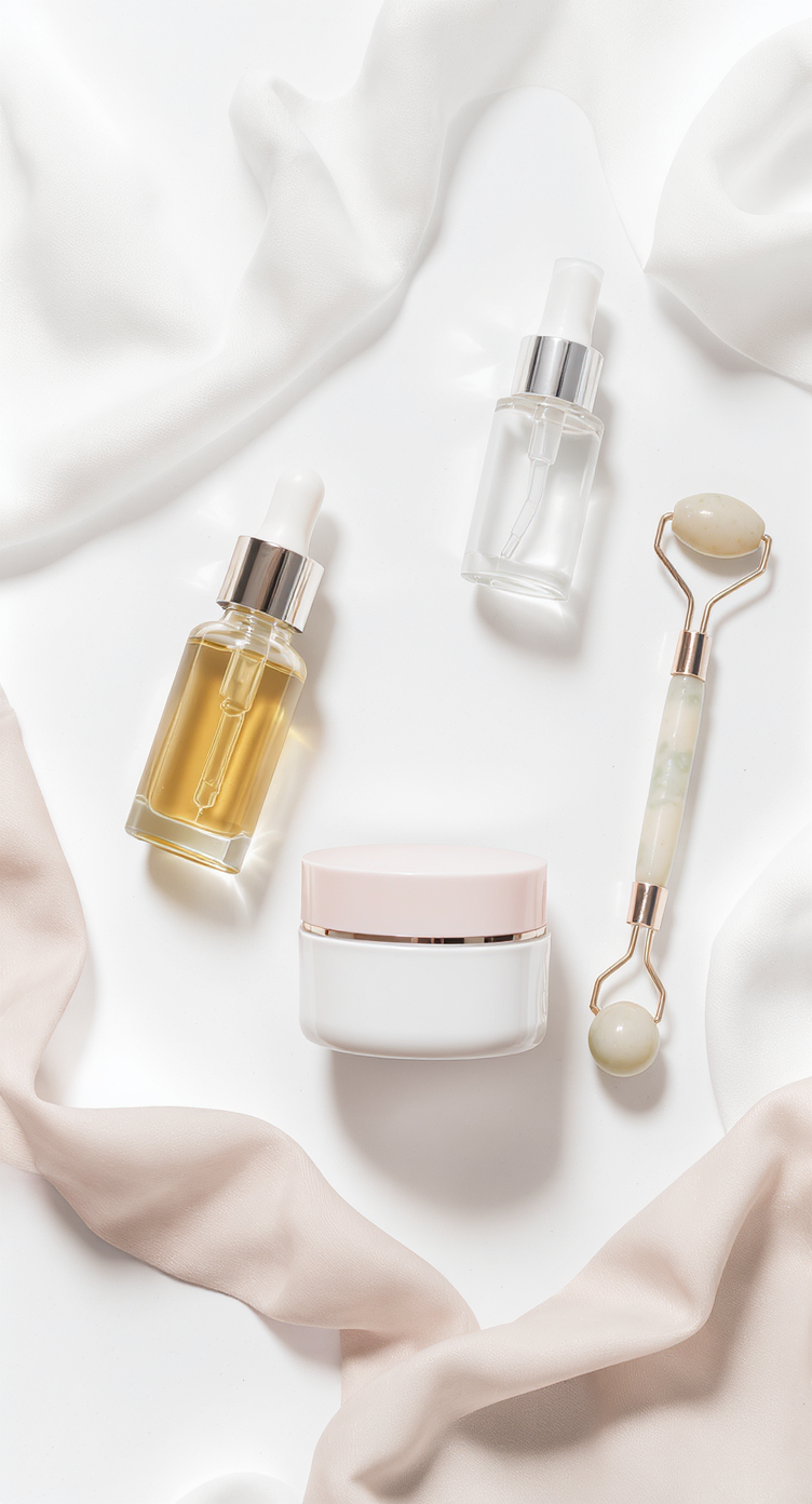 Skincare products including serums and a cream jar, along with a facial roller, arranged on a white surface with soft fabric around.